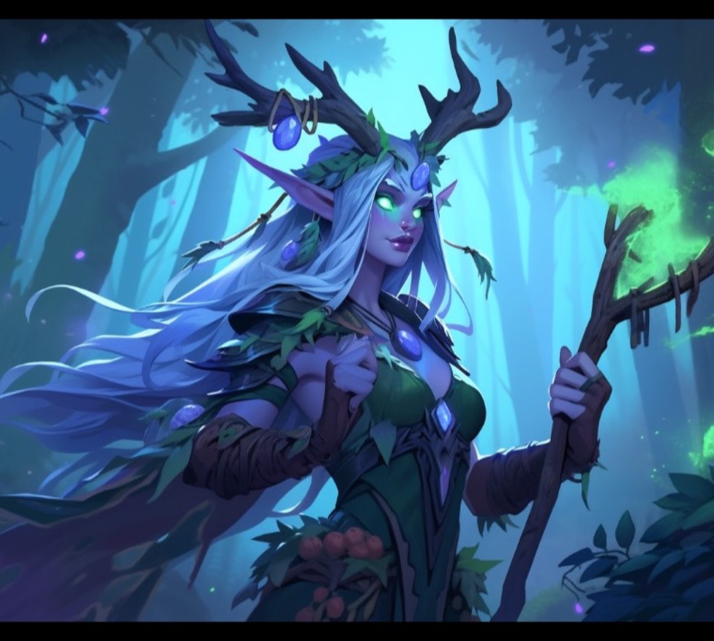 Emerald druid guardian in an enchanted forest